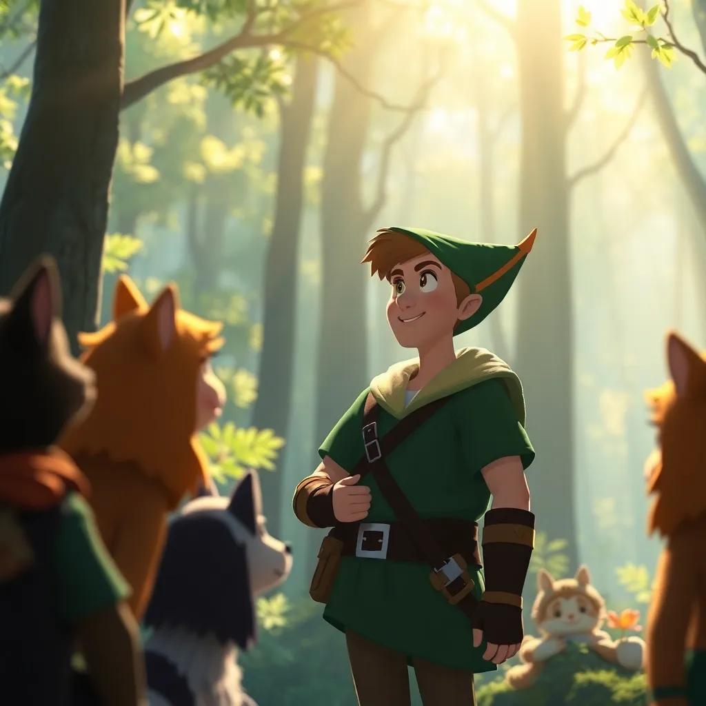 Robin Hood speaking with pride and hope in the forest, surrounded by his friends, sharing messages of kindness, radiant sunlight and glowing atmosphere, heartwarming