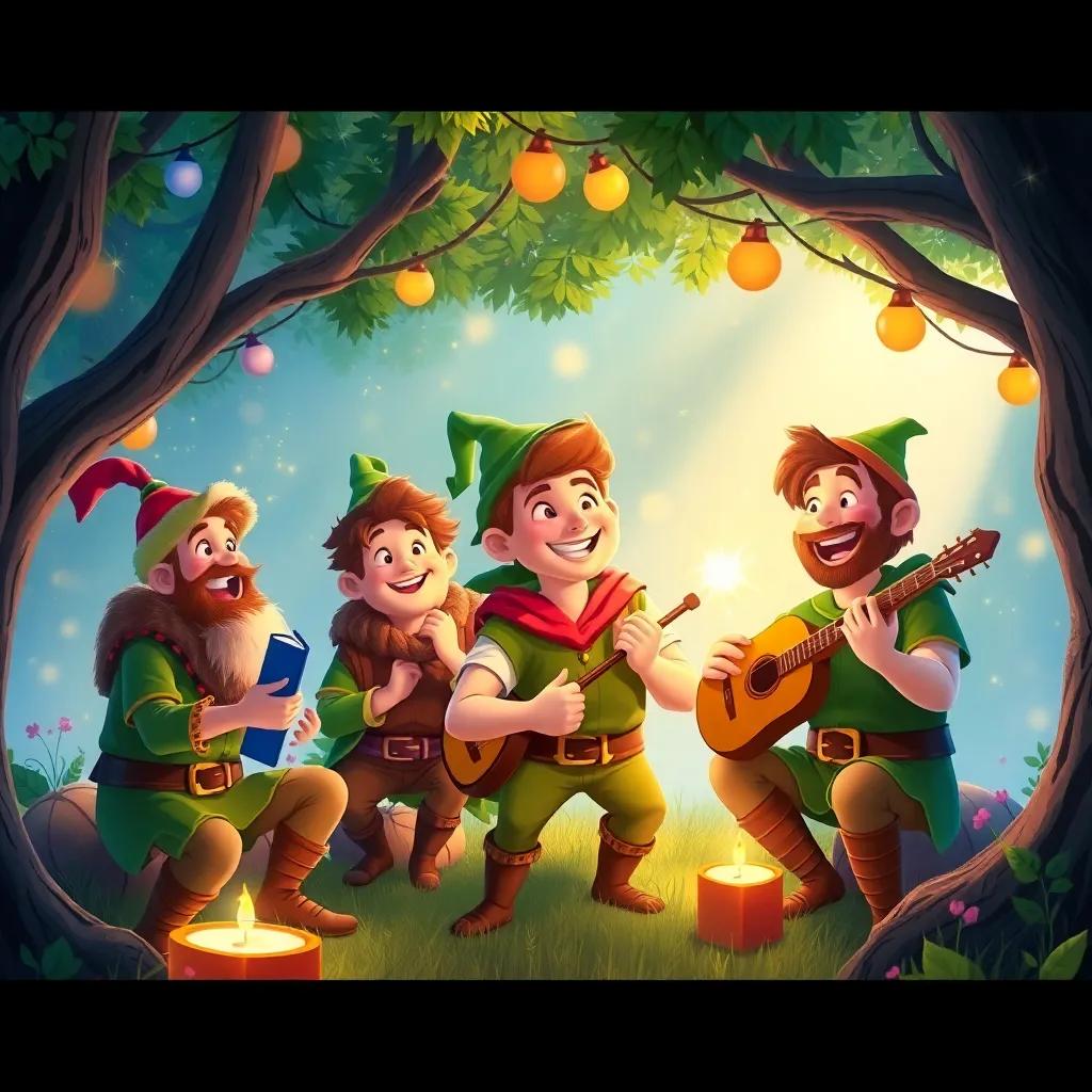 A magical scene of Robin Hood and his merry men enjoying a festive celebration under the trees with music and laughter, colorful, joyful mood, bright and cheerful