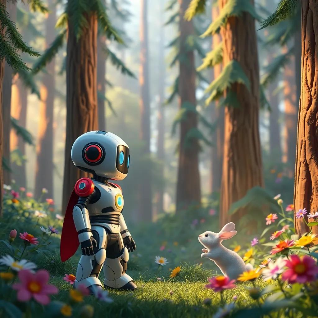 Robô the brave robot in a magical forest, looking at a small rabbit caught in a net, surrounded by tall trees and colorful flowers, vibrant colors, warm light, storytelling atmosphere, child-friendly