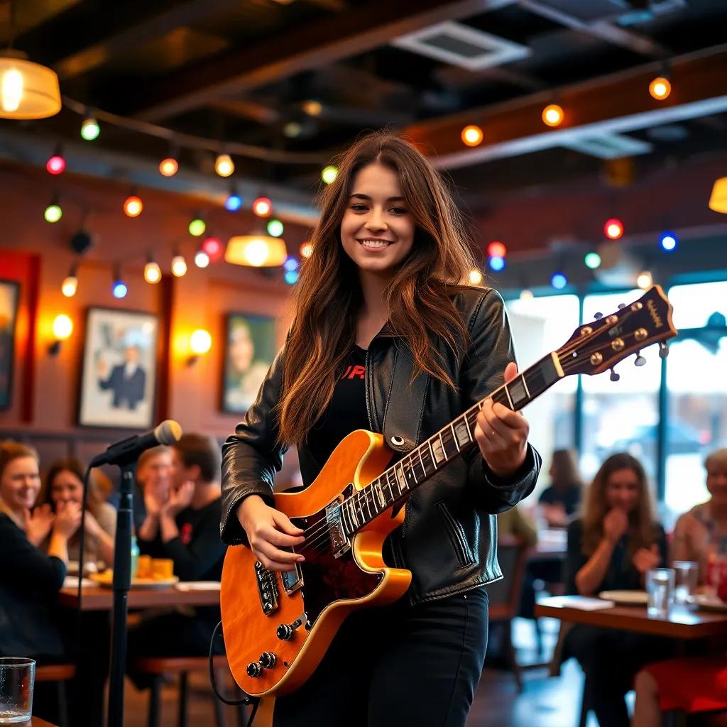 Lila, a girl with long brown hair in a leather jacket, strumming a guitar on stage, surrounded by colorful lights, with people in the restaurant enjoying their meals and clapping along, cheerful vibes, warm ambiance, high quality