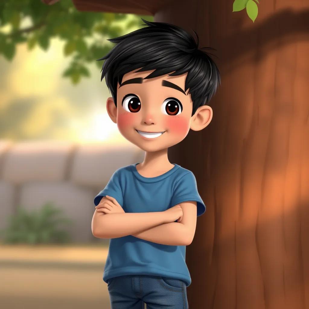 A young boy, Mateo, with short, dark hair, wearing a blue t-shirt and jeans, smiling brightly while standing by a tree, digital art, warm colors, charming scene, child-friendly