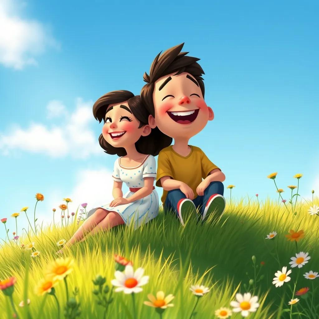 Clara and Mateo sitting on a grassy hill, laughing together under a clear blue sky, surrounded by wildflowers, bright and cheerful, heartwarming illustration, rich colors and friendly vibe