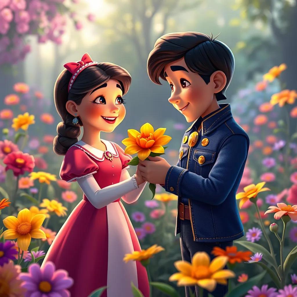 Clara, with a delighted expression, receiving a beautiful flower from Mateo, standing in a colorful flower garden, the scene full of love and warmth, enchanting atmosphere, vibrant colors
