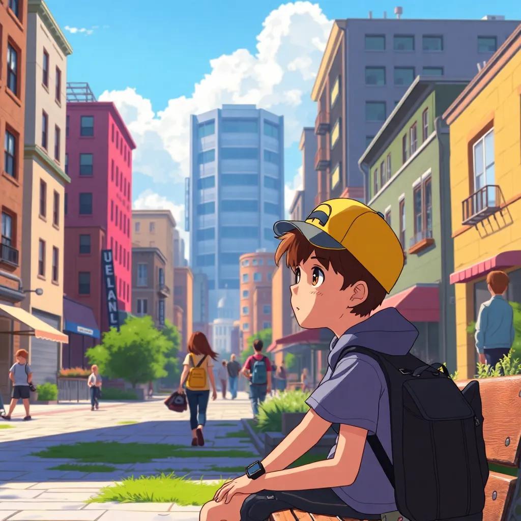 A small town with tall buildings and people walking around, a young person, Rory, with short hair and a cap, sitting on a bench with a friend, looking thoughtful, sunny day, warm colors, inviting atmosphere, digital art, child-friendly