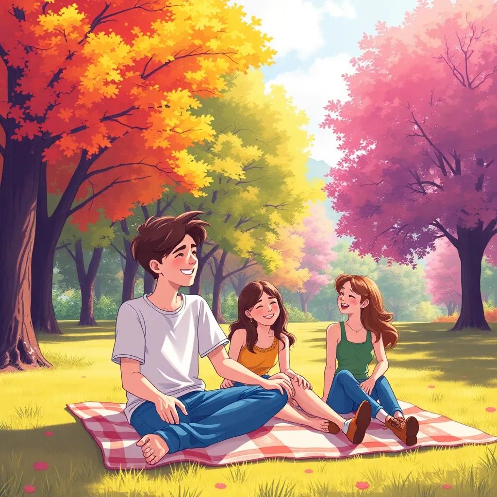 A cozy park with colorful trees and friends sitting on a blanket, Rory with short hair, wearing jeans and a t-shirt, laughing with friends, sharing feelings, cheerful colors, bright sunlight, illustration, heartwarming