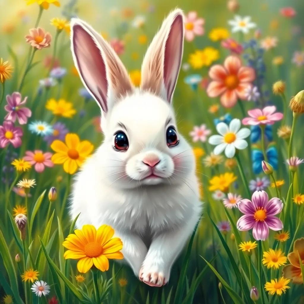 A curious rabbit named Rosie, a small, white rabbit with big, bright eyes, hopping happily in a vibrant meadow filled with colorful flowers and tall green grass, cheerful atmosphere, bright colors, nature's beauty, playful, high quality
