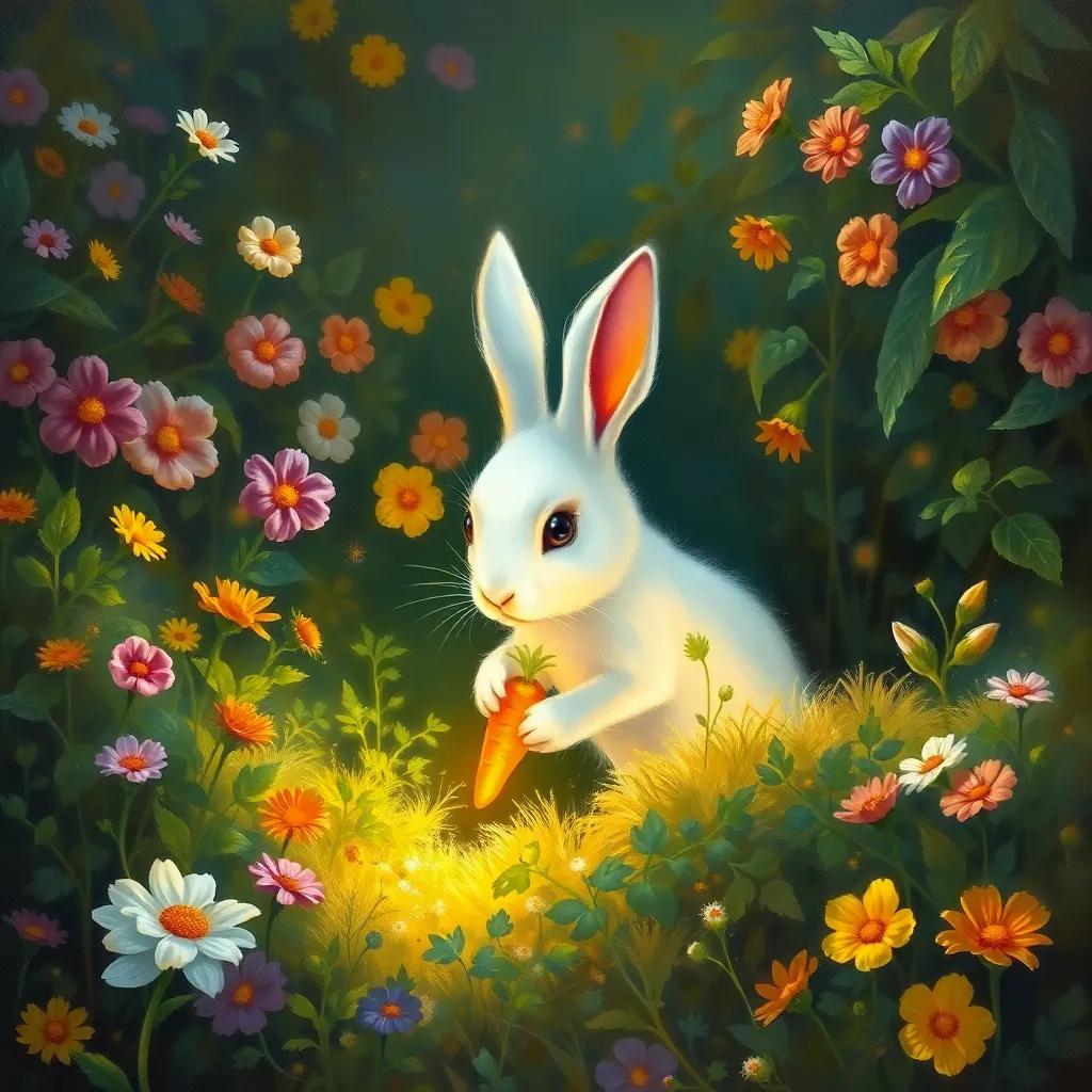 Rosie, a small white rabbit, discovering a tiny glowing carrot hidden among bushes, surrounded by colorful flowers and sunlit greenery, magical shimmering light, enchanting, bright hues, whimsical atmosphere