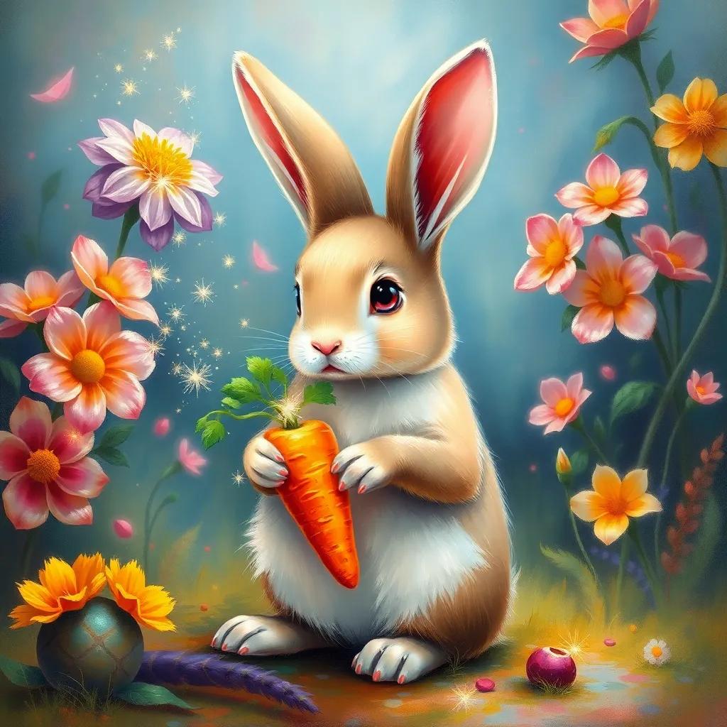 Rosie, a small rabbit, holding a magical carrot in her paws, a shower of sparkles filling the air around her, bright flowers blooming in the background, colorful, joyful scene, vibrant colors, mystical