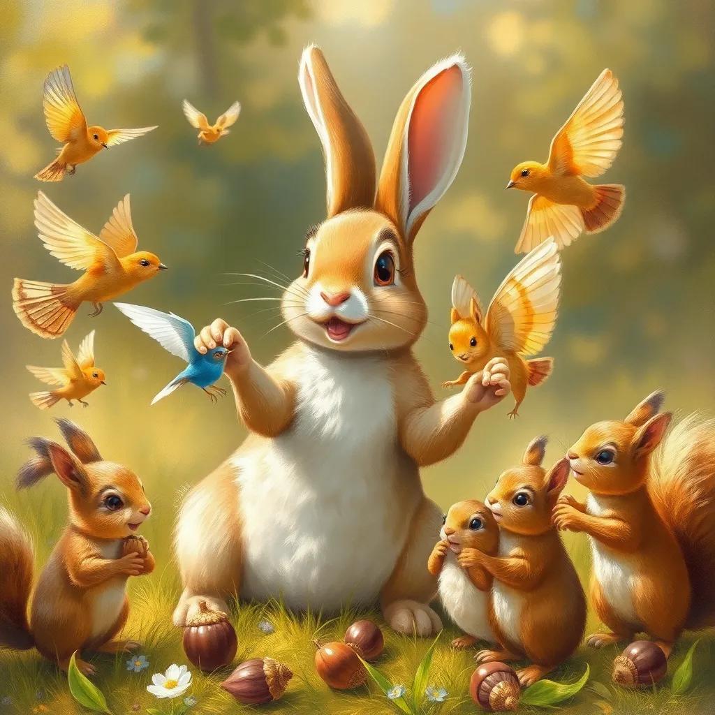 Rosie, the rabbit with magical abilities, joyfully helping baby birds learn to fly, alongside playful squirrels gathering acorns, bright meadow setting, lively, cheerful expressions, warm light, community spirit