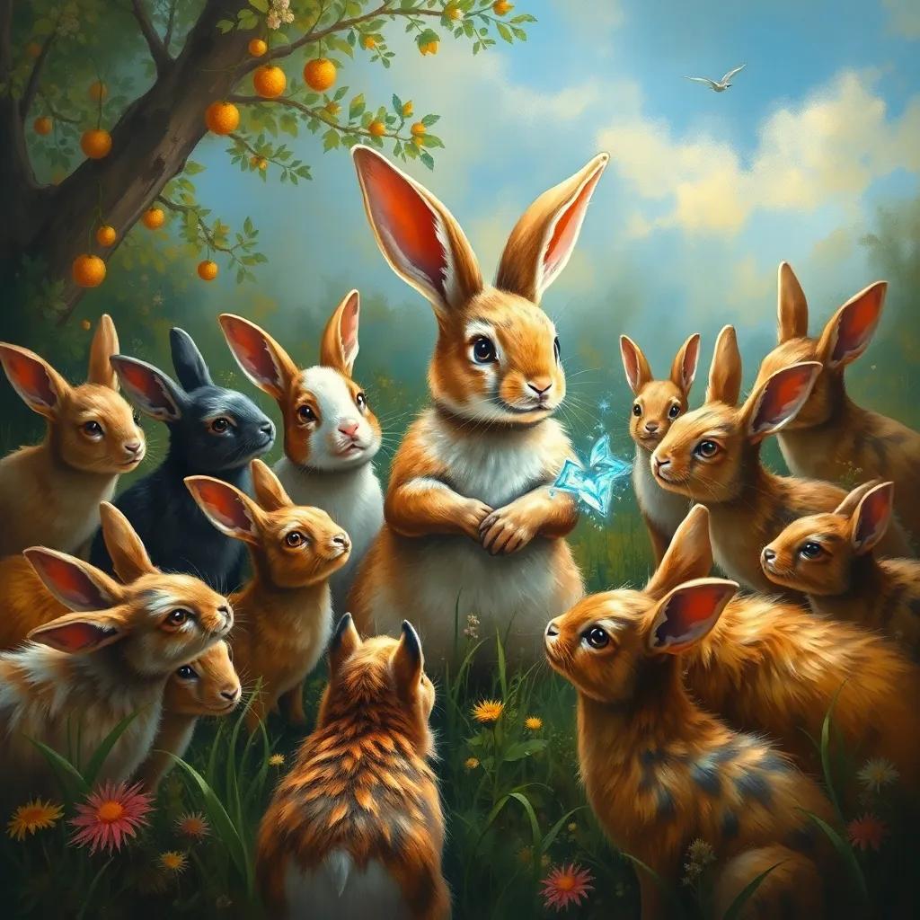A gathering of animals in the meadow, surrounding Rosie the rabbit, each seeking her magical help, vibrant colors, shimmering details, filled with eager expressions and camaraderie