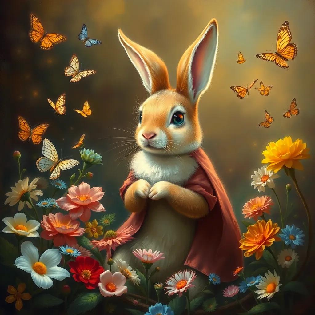 Rosie, the rabbit, reflecting on the responsibilities of her magic, with a thoughtful expression sitting amidst colorful flowers and fluttering butterflies, warm light, serene backdrop, deep colors