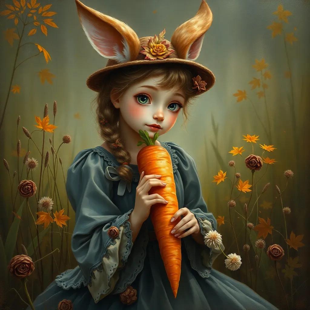 A withering magical carrot, held by Rosie, depicting the change of seasons in the meadow around her, capturing the beauty of autumn and fading magic, rich tones, nostalgic, story-like feel