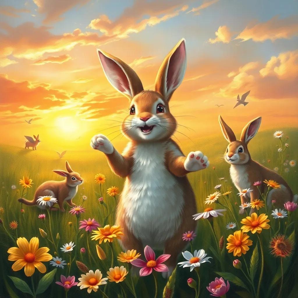 Rosie, the rabbit, exploring the meadow joyfully, surrounded by flowers and her animal friends, spreading happiness and laughter, with a beautiful sunset in the background, warm colors, uplifting scene