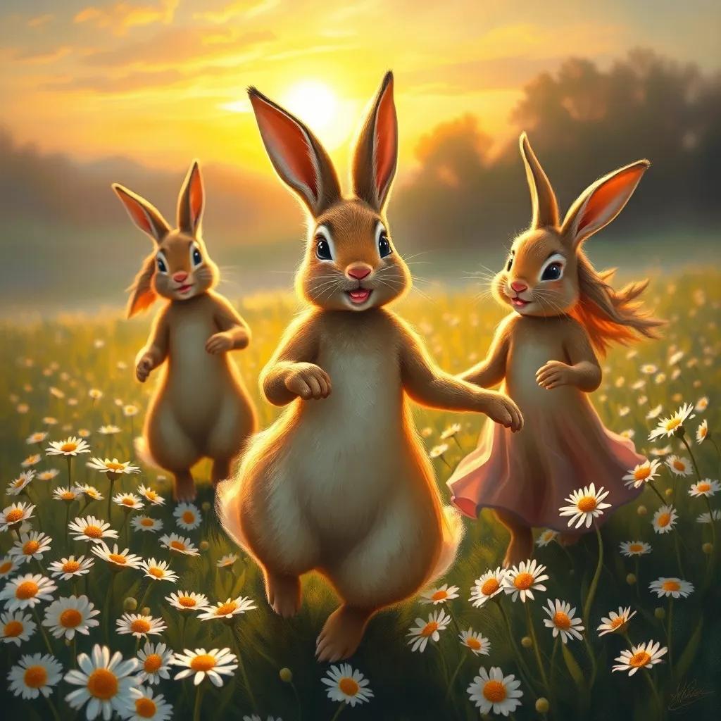 Rosie, the rabbit, with a bright smile, dancing through fields of daisies with her friends, as the sun sets, illuminating their laughter and the love between them, vibrant, joyful, enchanting