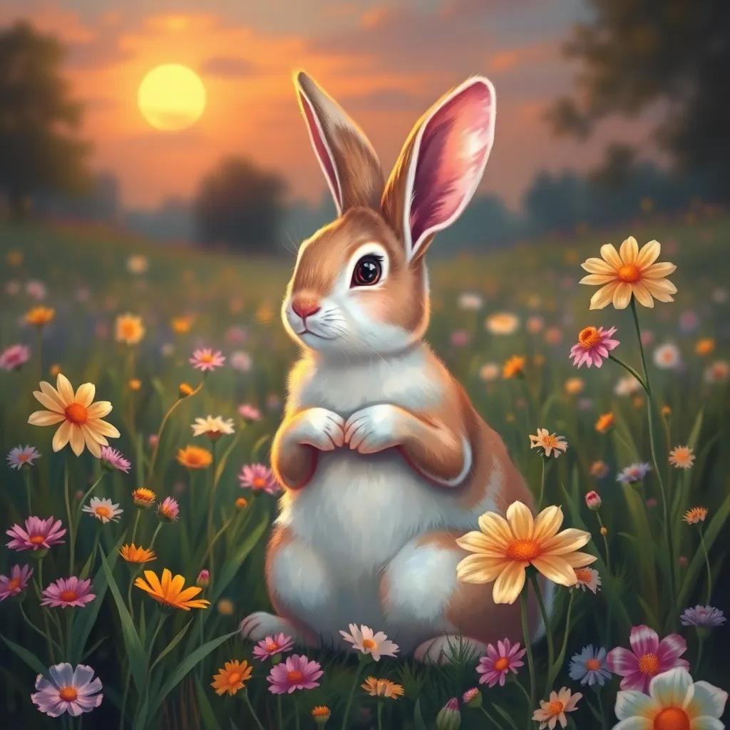 A beautiful meadow with a sunset, Rosie the rabbit sitting gracefully among the flowers, her heart filled with kindness and adventure, embodying the spirit of friendship, dreamlike colors, enchanting atmosphere, high quality