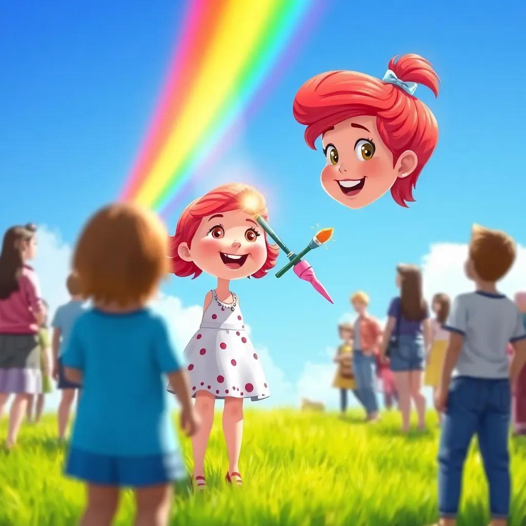 Rosie, a cheerful girl with bright red hair, outside with a magical paintbrush, painting a vibrant rainbow in the sky, people around her looking amazed, green grass beneath, bright blue sky, illustration, joyful and enchanting scene