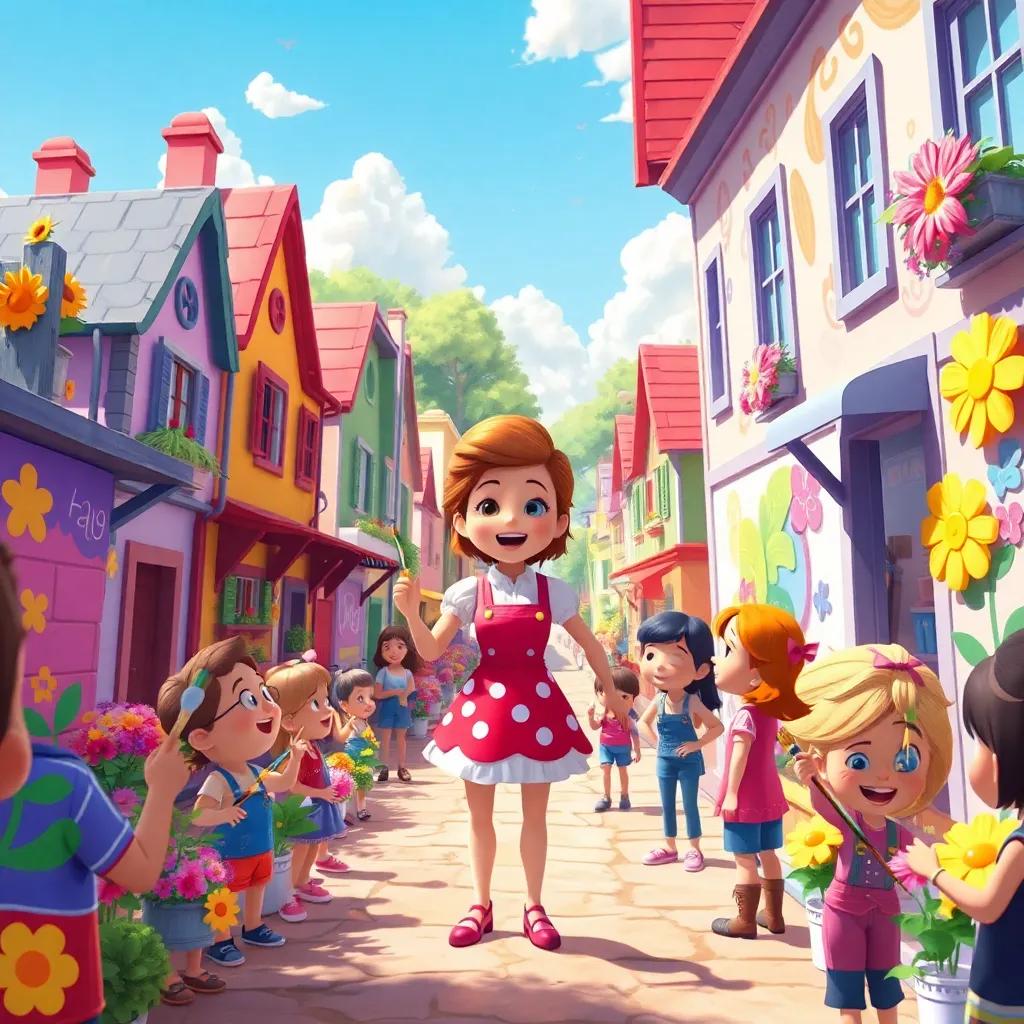 A lively town transformed with colorful flowers and designs on walls, Rosie in the center, encouraging townspeople to paint, everyone holding brushes, sunny day, atmosphere of creativity and excitement, digital painting, vivid colors