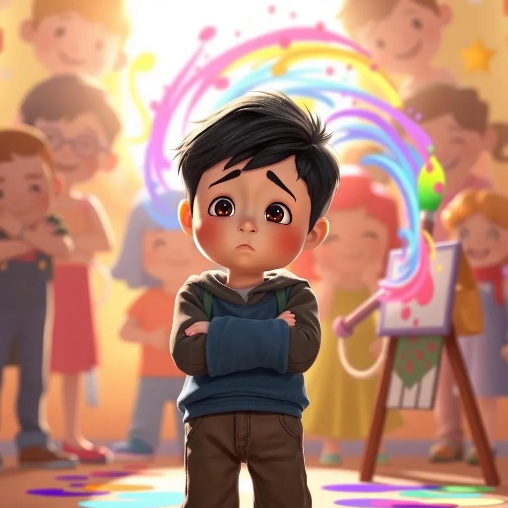 A little boy named Tim, looking sad with his arms crossed, standing near Rosie with her magical paintbrush, bright colors swirling around them, smiling faces in the background, warm sunlight, illustration, uplifting and supportive