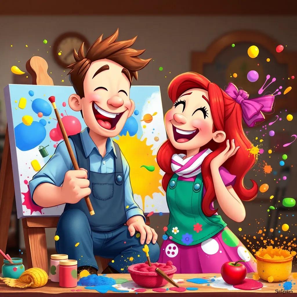 Tim painting alongside Rosie, both filled with joy, creating a vibrant picture together, splashes of color all around, friendly atmosphere, laughter, digital art, expressive and encouraging scene