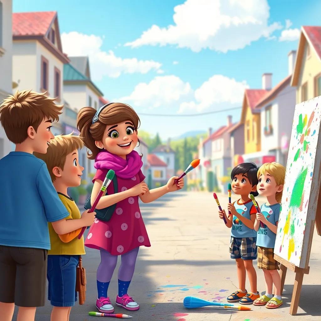 A happy scene with Rosie teaching a group of kids about painting, each holding a brush, colorful splatters everywhere, sunny afternoon in the town, atmosphere of joy and creativity, digital painting, lively and bright scene