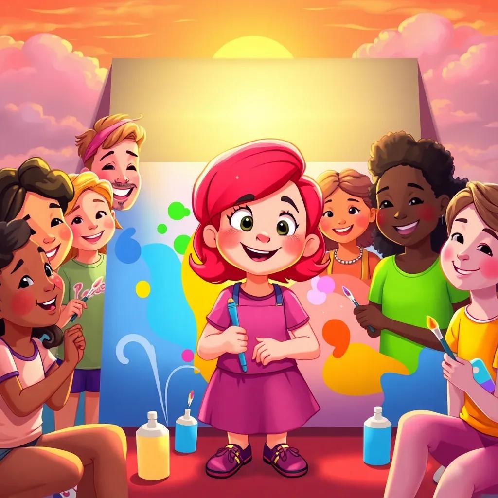 Rosie surrounded by her friends, all painting their dreams on a large canvas, bright colors mixing, a warm sunset illuminating, cheerful expressions, community spirit, illustration, warm and inclusive
