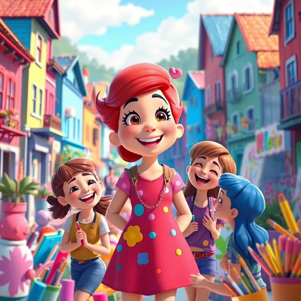 Rosie with her friends, sharing colors and creativity, the town bursting with bright artwork, laughter and happiness in the air, everyone enjoying painting together, colorful buildings, digital art, joyful and inspiring scene