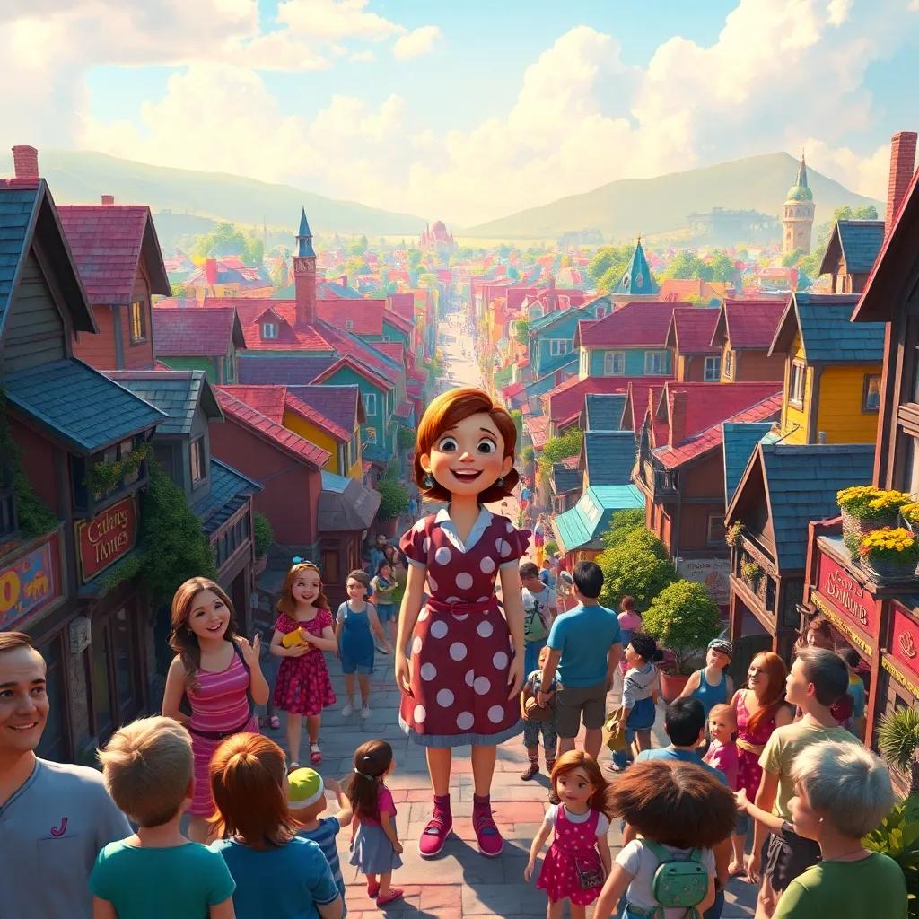 A breathtaking view of the transformed town, full of color with laughter and joy among the people, Rosie standing in the center, looking content and fulfilled, vibrant colors everywhere, digital art, magical and dreamy atmosphere