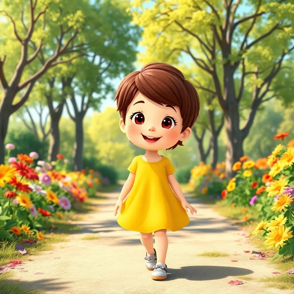 A cheerful girl named Rosie, with short brown hair wearing a bright yellow dress, walking in a sunny park with colorful flowers and green trees, digital art, vibrant colors, joyful atmosphere, smiling perspective, highly detailed, children's illustration