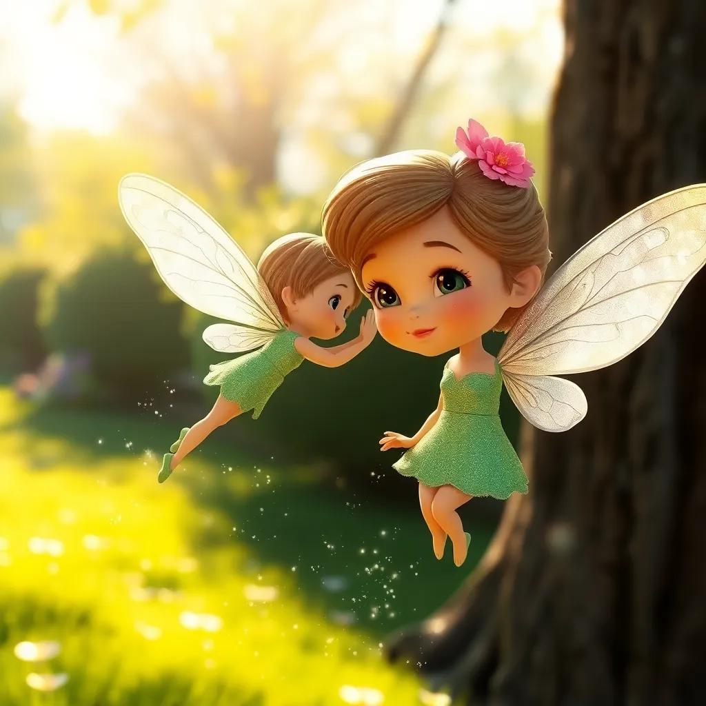 A tiny fairy named Tilly, with shimmering wings and a warm smile, floating in the air next to Rosie, surrounded by sparkling fairy dust in a sunny park, whimsical style, soft focus, magical colors, delightful mood, child-friendly image
