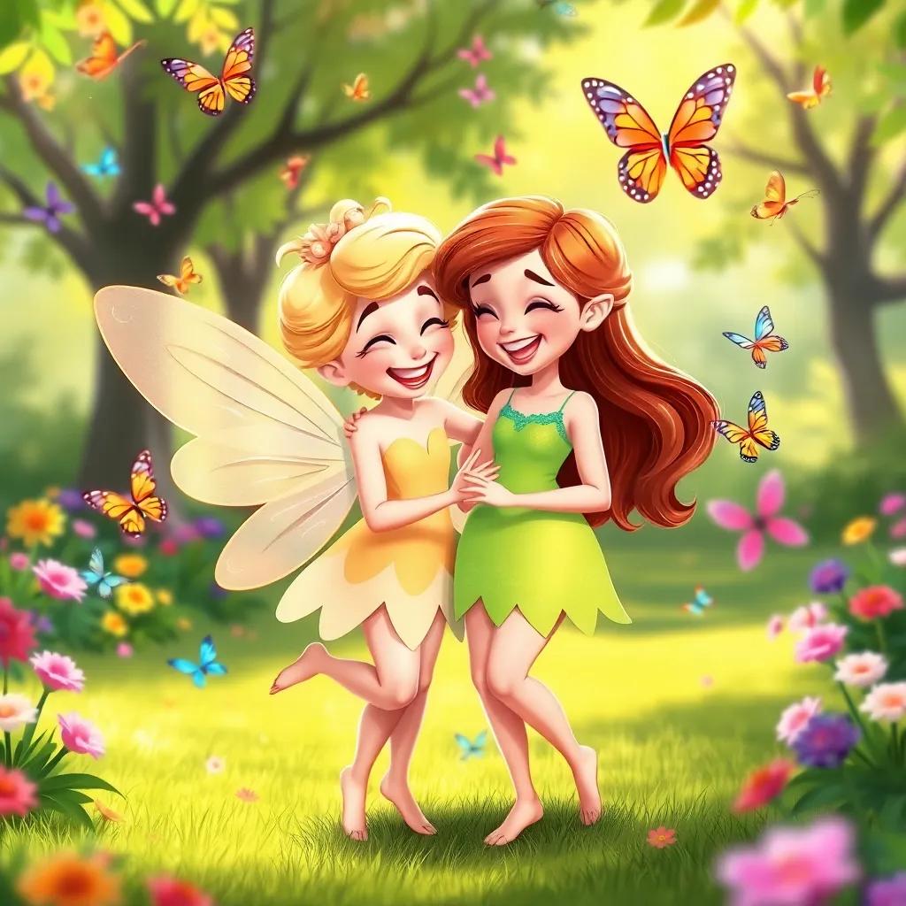 Tilly the Tickle Fairy dancing around Rosie, tickling her sides, with laughter and joy filling the air; colorful butterflies fluttering around them in a bright park, fun illustration, cheerful and uplifting, soft lighting