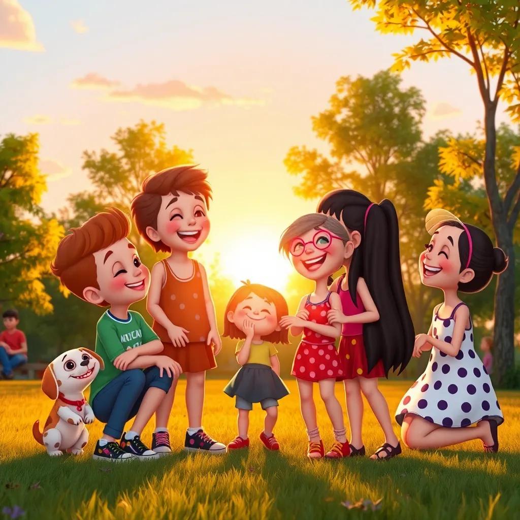 A group of Rosie’s friends gathered in the park, all laughing and playing together; the sun setting in the background, creating a warm and inviting atmosphere, dynamic scene, colorful and lively, heartwarming image