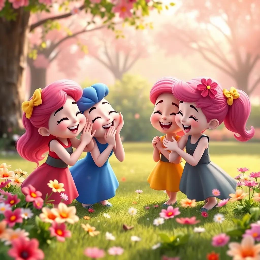 Rosie and her friends tickling each other joyfully, surrounded by flowers and magical fairy dust in the park, capturing the essence of joy and laughter together, playful style, vivid colors, inviting layout