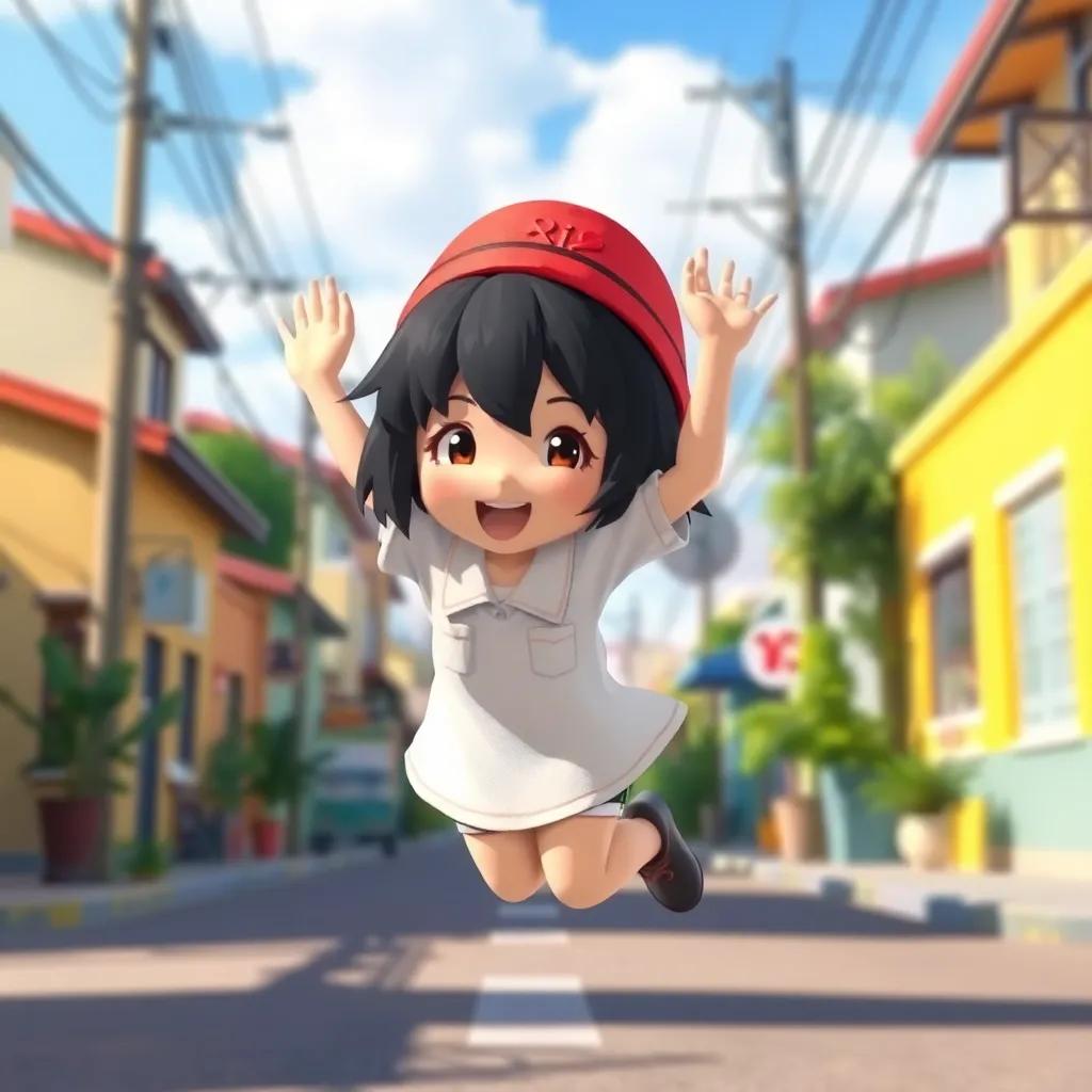 A girl named Ria with short black hair, wearing a bright red hat and a white shirt, jumping with excitement on a sunny street, cheerful atmosphere, vibrant colors, cheerful, adventure-themed