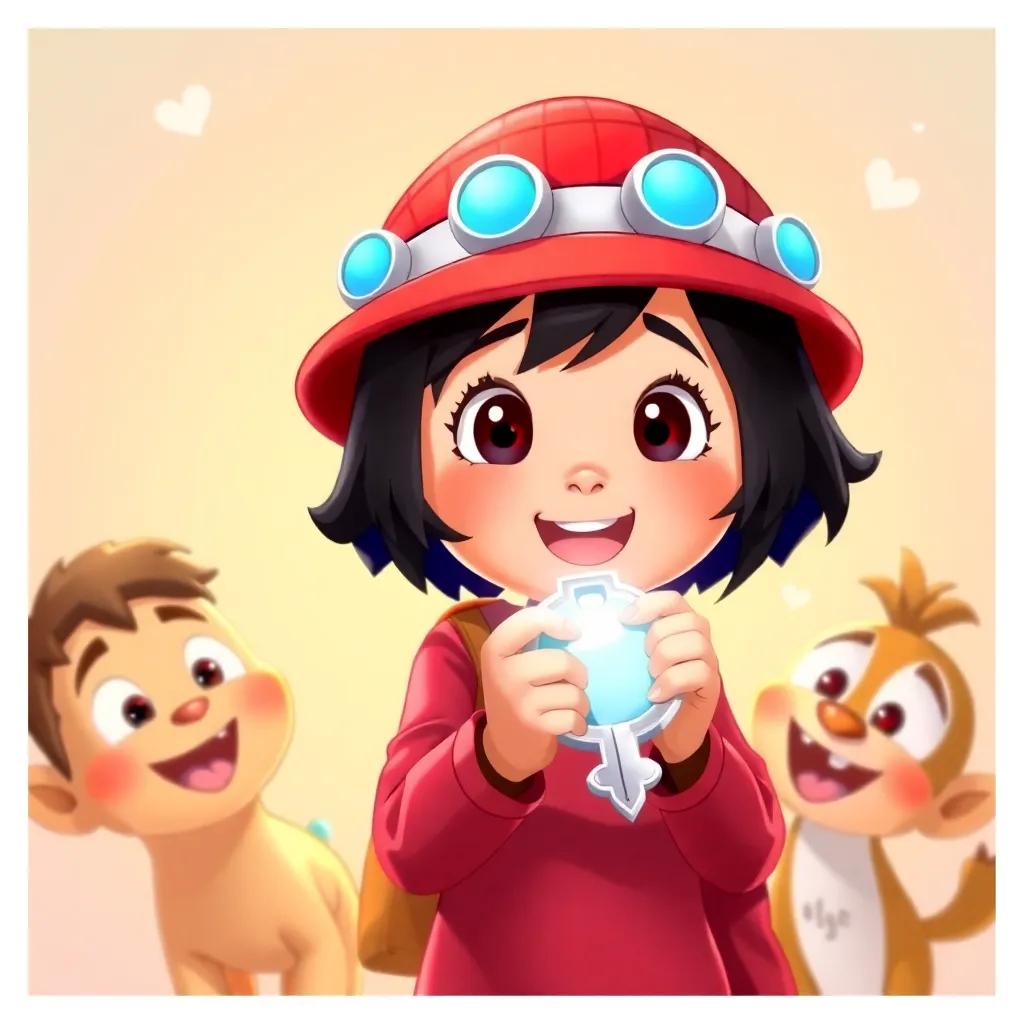 Ria, a girl with short black hair in a bright red hat, holding a shining silver key and looking excited, surrounded by her friends Sam and Leo, bright and playful, joyful moment, warm colors, child-friendly, illustration
