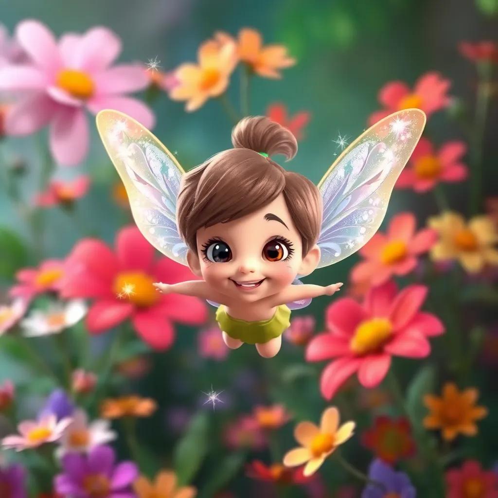 A small fairy named Flick with sparkling wings flying around Ria, colorful flowers in the background, vibrant colors, cheerful expression, whimsical fantasy art, child-friendly