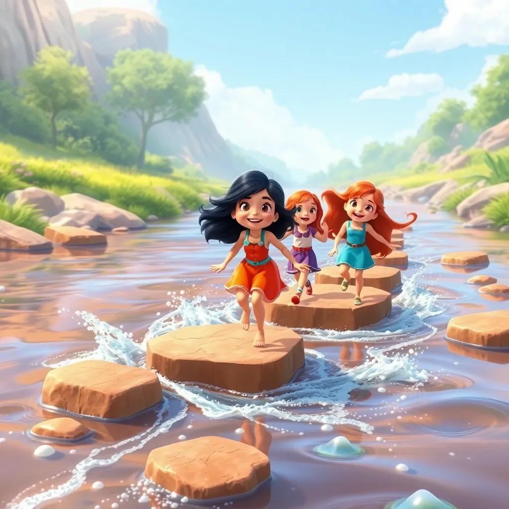 A bubbling river with stepping stones across it, Ria and her friends hopping across, splashes of water, sunny day, happy expression, lively atmosphere, bright colors
