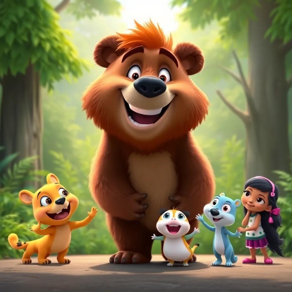 A friendly bear named Roar with a wide smile, Ria and her friends approaching him with joy, lush green forest in the background, playful and inviting, vibrant colors
