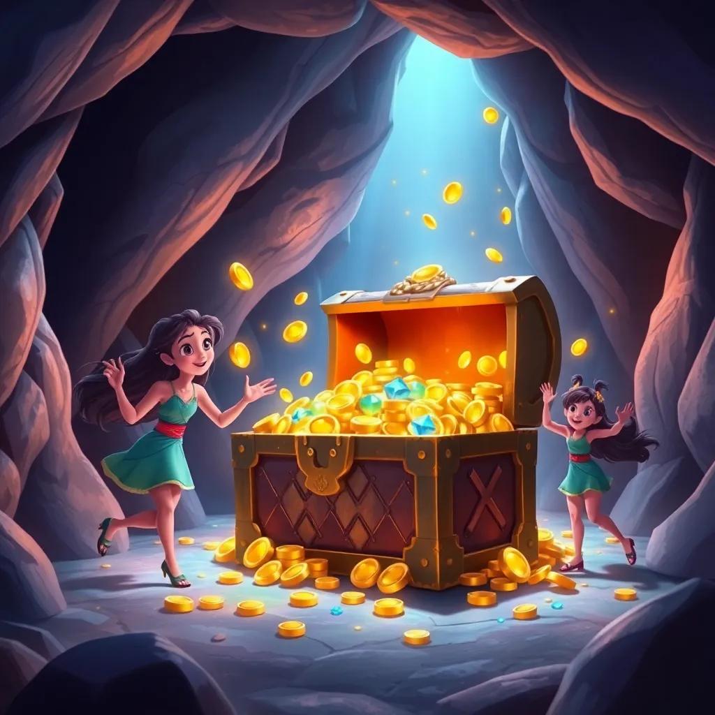 A glowing cave filled with a treasure chest overflowing with gold coins and jewels, Ria and her friends dancing around in excitement, enchanting atmosphere, magical, colorful, joyous