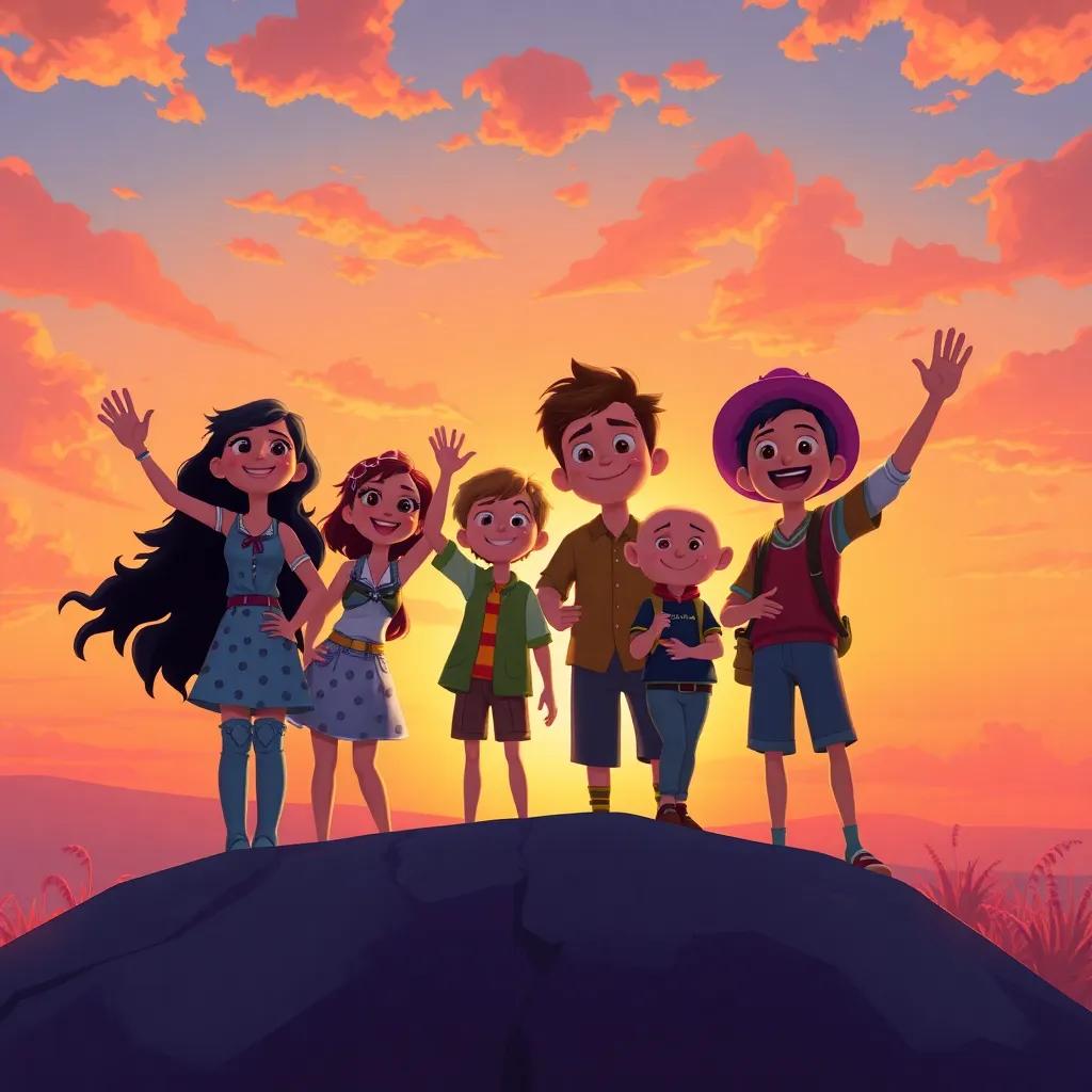 Ria, Sam, Leo, and Flick waving goodbye in a beautiful Sunset, filled with warm hues of orange and pink, cheerful and heartwarming scene, happy expressions, adventure-themed