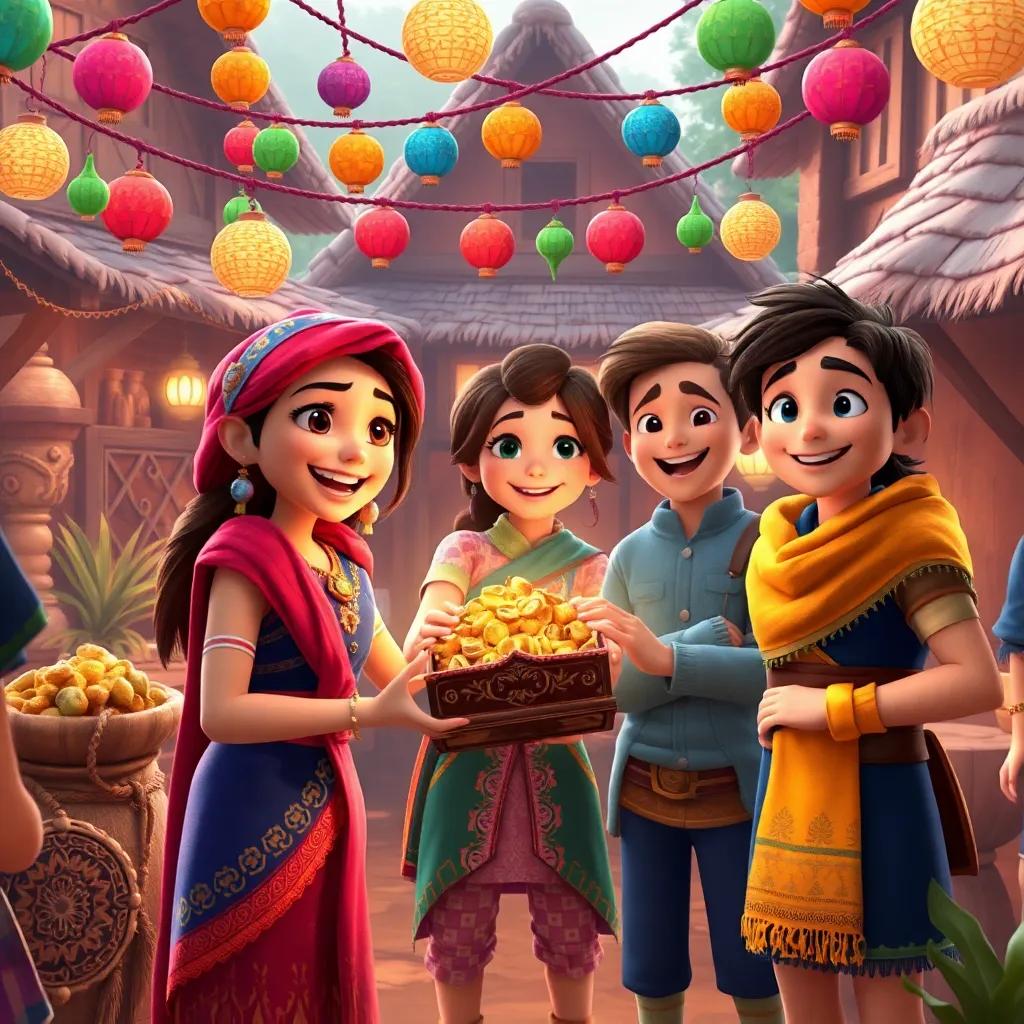 A joyful celebration scene in the village with Ria, Sam, and Leo sharing treasure with their community, colorful decorations, smiling faces, vibrant atmosphere.