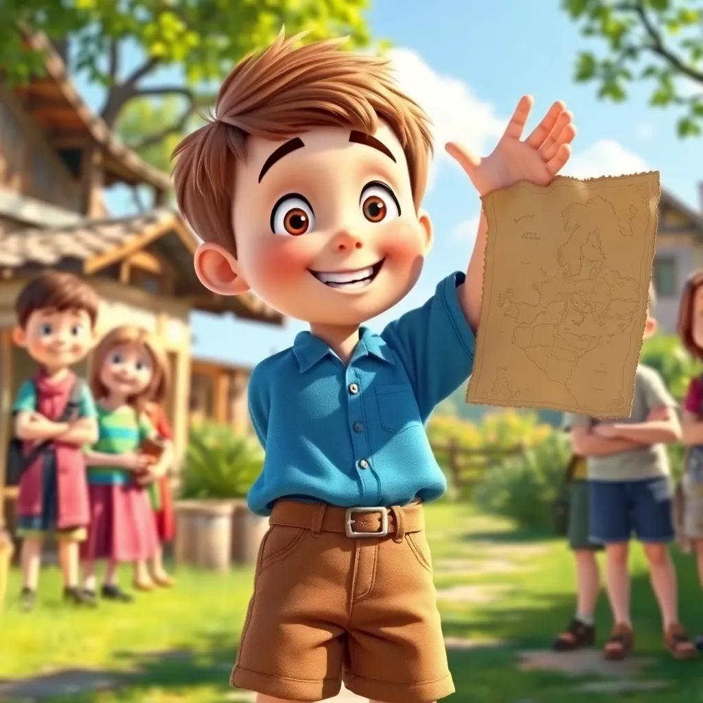 A curious boy named Ruslan, with short brown hair, wearing a simple blue shirt and brown shorts, excitedly waving an old map in front of his friends, outside in a sunny village, cheerful atmosphere, vibrant colors, friendly expressions, smiling faces, digital art, high quality