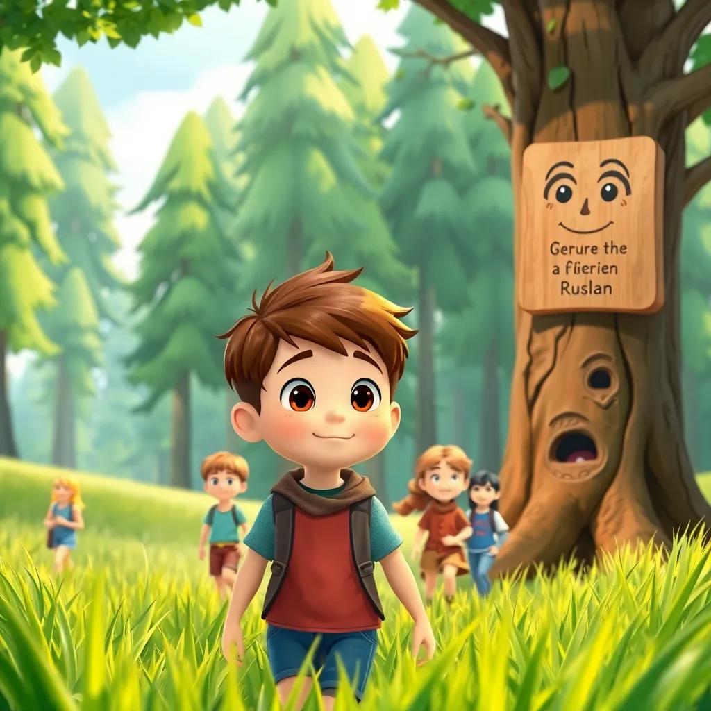 Ruslan, a curious boy with short brown hair, and his friends, walking through lush green fields with tall trees in the background, a talking tree with a friendly face presenting a riddle, bright sunlight shining down, adventure-themed, illustration, warm colors, playful vibe, child-friendly