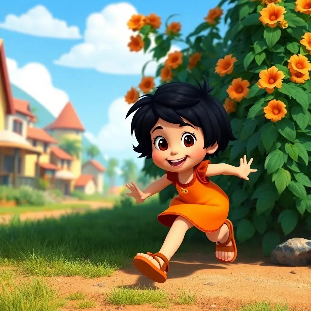 A brave girl named Sacses, with short black hair, wearing a bright orange dress and sandals, running towards a bush with determination, cheerful, sunny day, colorful village background, digital art, child-friendly, engaging, high quality