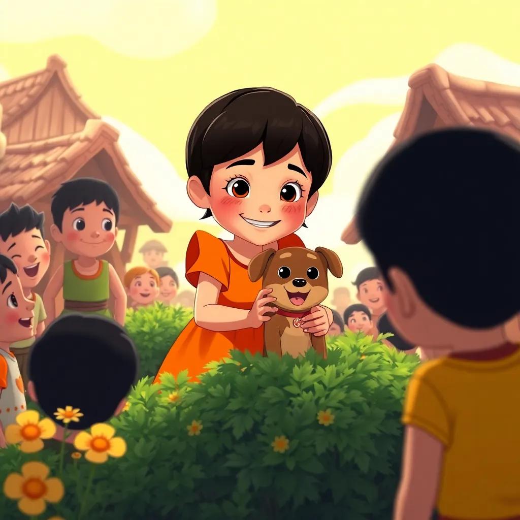 Sacses, a brave girl, with short black hair in a bright orange dress, rescuing a small brown puppy from a bush, surrounded by happy villagers, bright sunny day, heartwarming scene, vibrant colors, joyful atmosphere, illustration, uplifting
