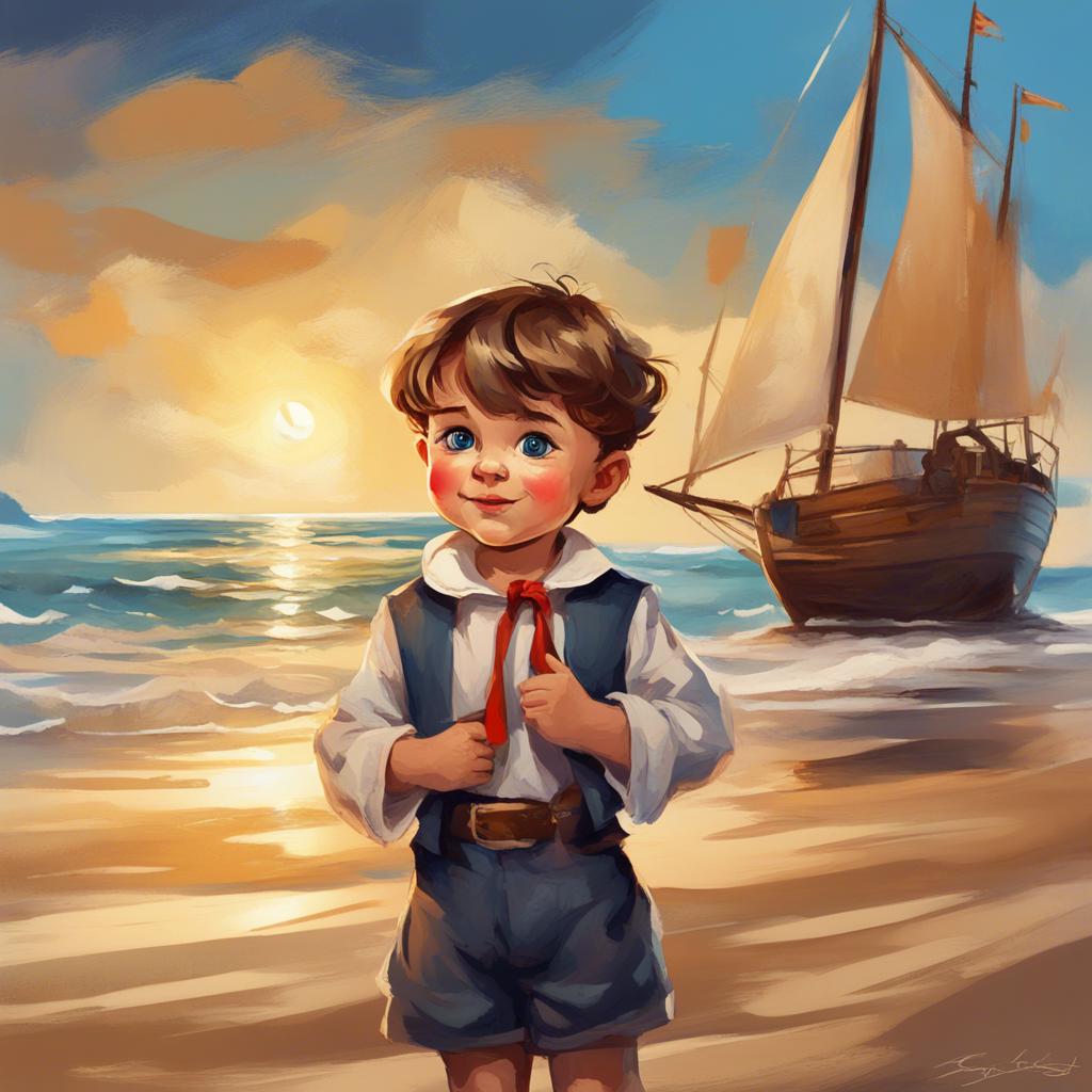 Sailor Sam, a young child with short brown hair and bright eyes, standing on a sandy beach looking excitedly at a sailboat on the water, digital art, vibrant colors, cheerful atmosphere, high quality