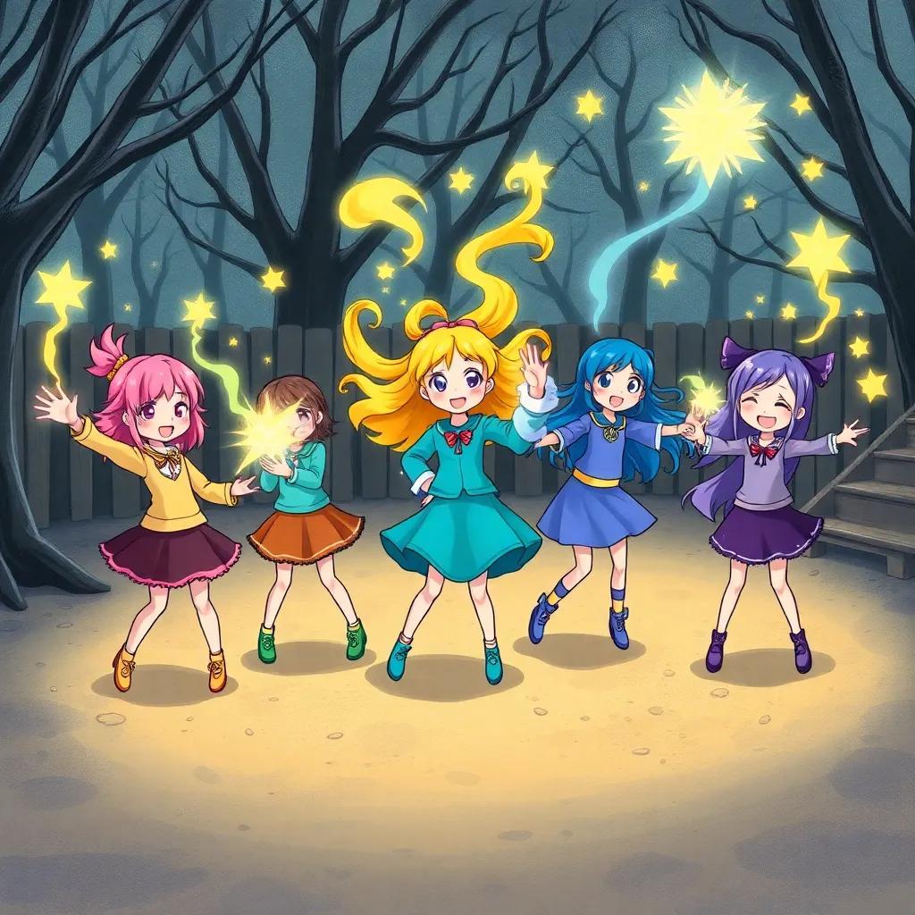Five girls, Sakura with pink hair, Lily in bright yellow, Maya in blue, Teagan in teal, and Eri in purple, working together in a gloomy playground, casting colorful magic, illustration, dynamic scene, magical atmosphere, child-friendly