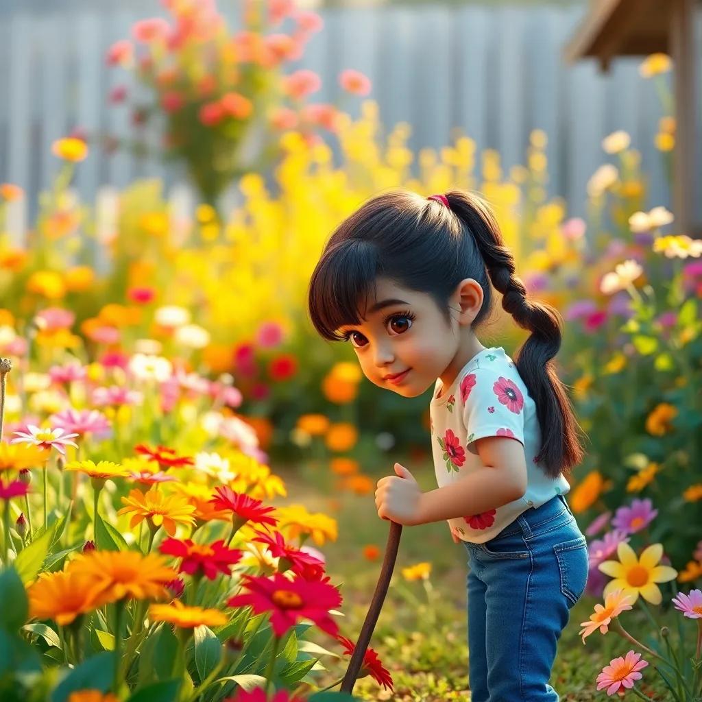 A curious 9-year-old girl, Salma, with dark brown hair in a ponytail, wearing blue jeans and a white floral shirt, attentively looking around her colorful garden with a small stick in hand, vibrant flowers blooming under warm morning sunlight, child-like perspective, playful, inviting atmosphere, high quality