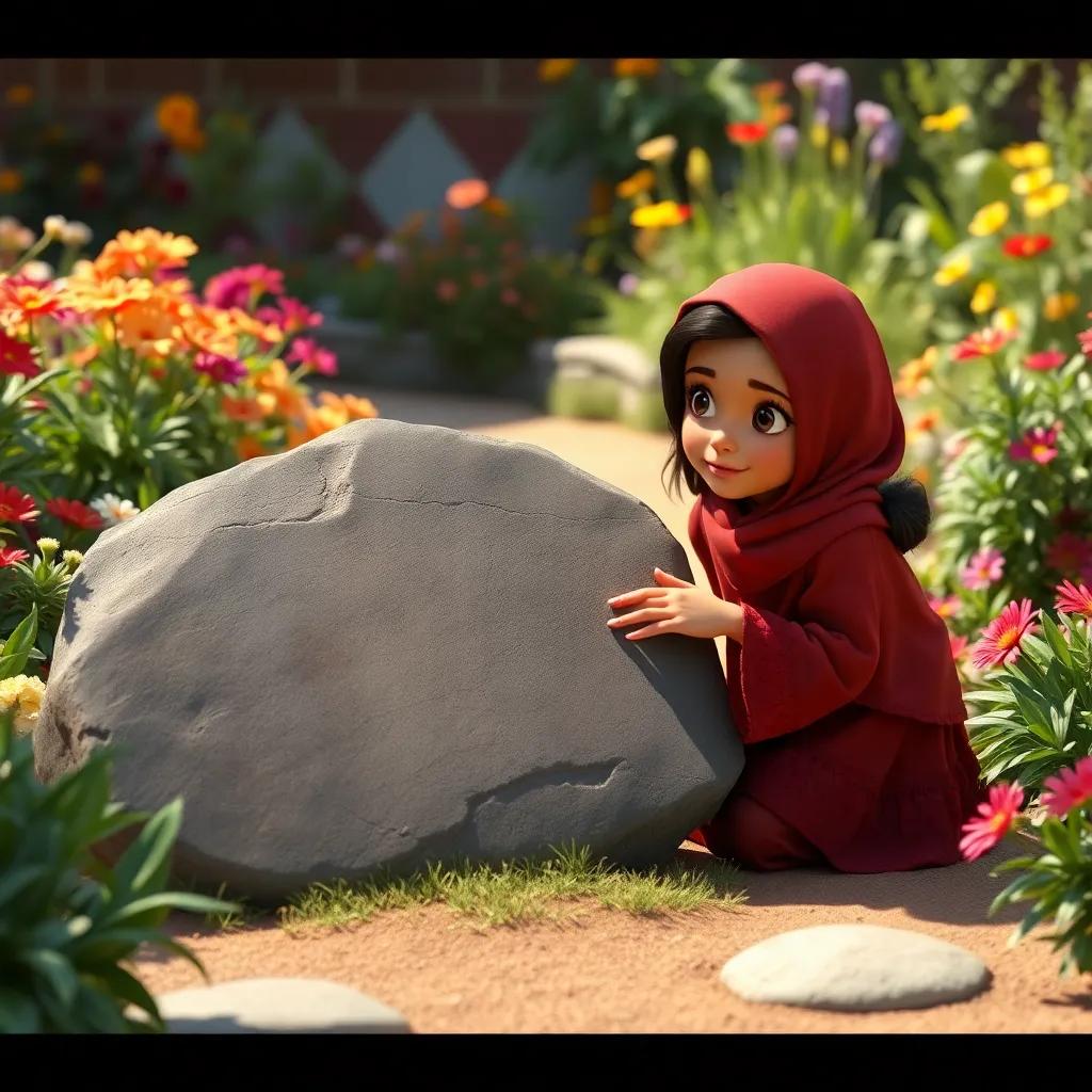 Salma kneeling beside a large, unusual flat dark gray stone, touching it curiously with sunlight casting soft shadows on her face, colorful garden surrounding her, medium perspective, inquisitive, serene, warm light