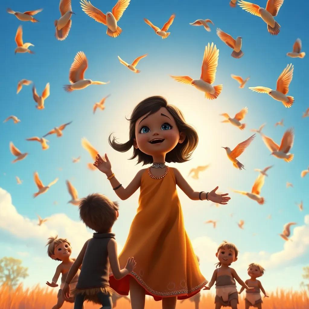 Salwa, a little girl with dark hair, dancing with pygmies in a circle under a big blue sky, filled with colorful birds, joyful scene, warm colors, atmosphere of happiness and friendship, enchanting quality