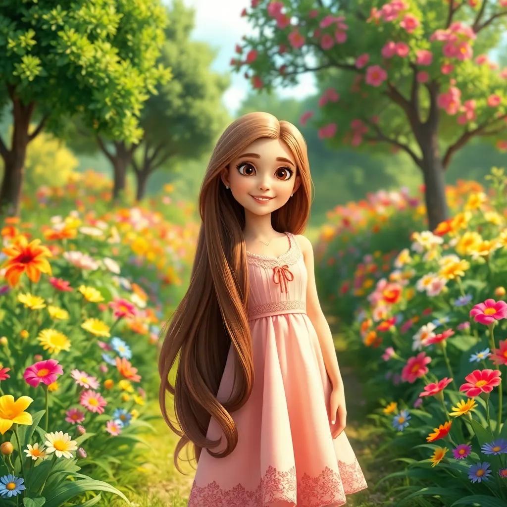A beautiful young girl, Saly, with long, flowing hair, wearing a lovely dress, standing in her vibrant garden filled with colorful flowers and green trees, sunny day, cheerful atmosphere, digital art, bright colors, high quality